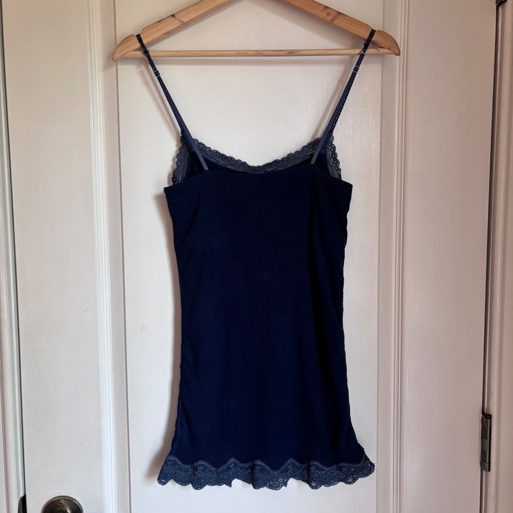 American Eagle Vintage Y2K Navy Blue Ribbed Lace Trim Cami Tank Top Small - Picture 4 of 6